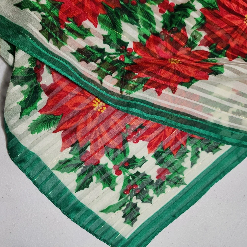 Collection Eighteen Christmas Poinsettia Scarf Green Red Gold Metallic Sheer